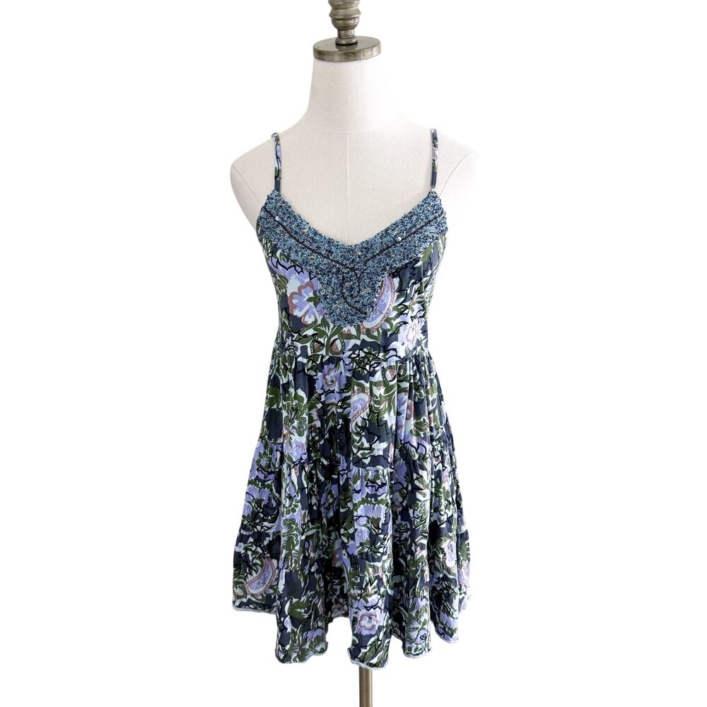 Free People Green/Purple Beaded Babydoll Dress Women's Size XS Floral Print